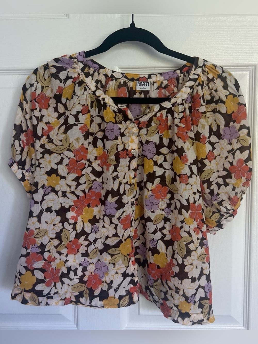 Bila77 Brown Floral Short-Sleeve Peasant Blouse 100% Cotton